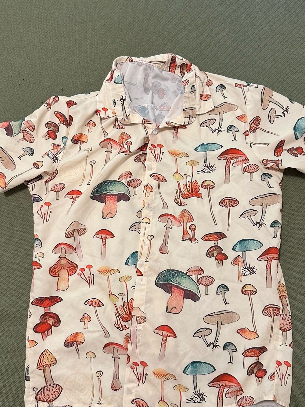 Mushroom Print Button-Up Shirt in Cream with Multicolor Caps